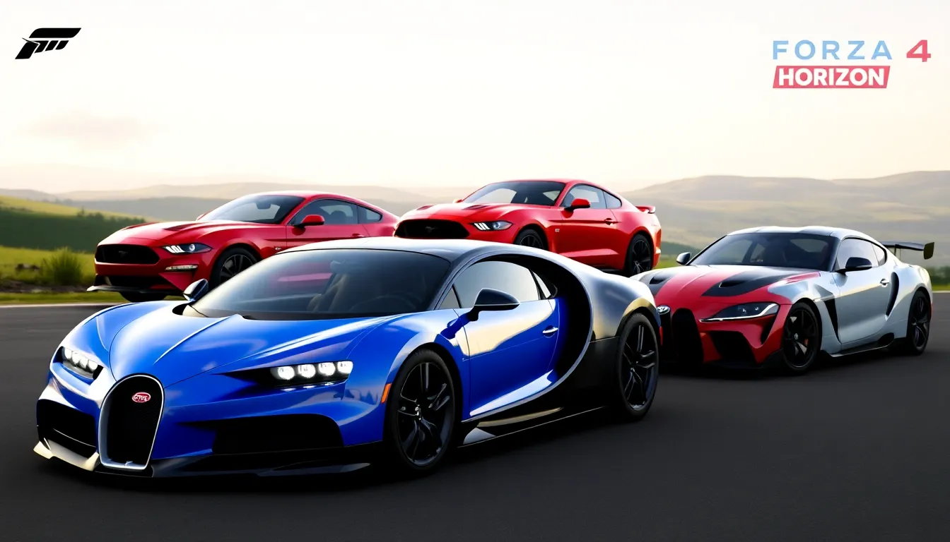 three cars from Forza Horizon 4 on a scenic backdrop.