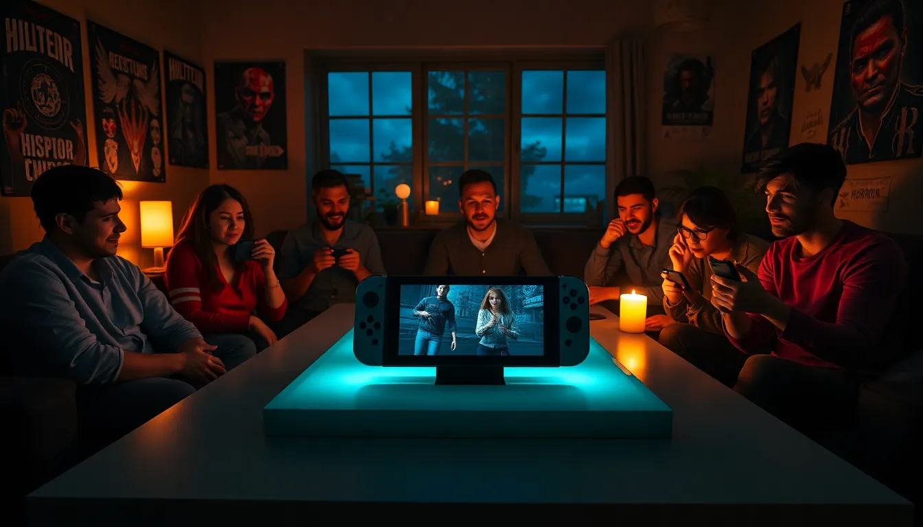 group of gamers enjoying horror games on a Nintendo Switch in a dimly lit room.