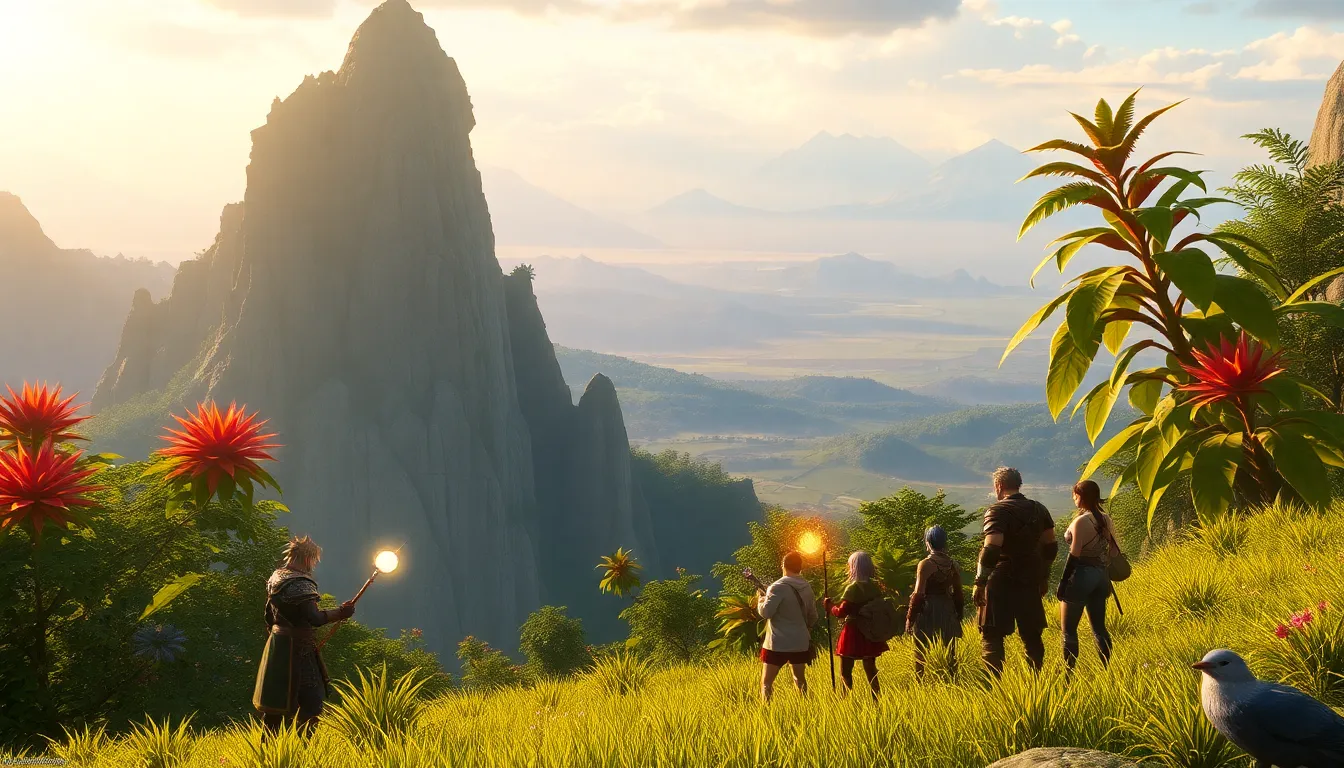 Diverse adventurers strategizing in the lush landscapes of Dawntrail.