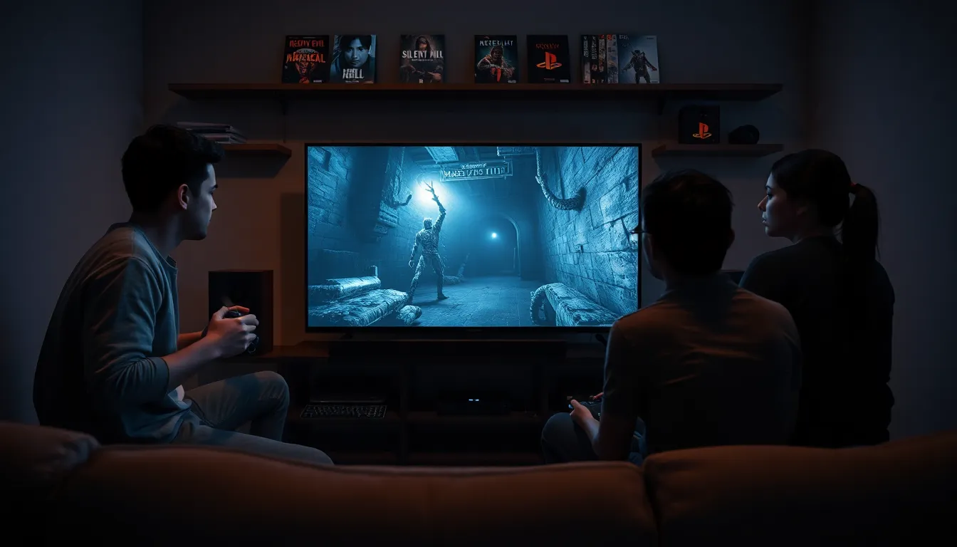 Gamers engaged with a PlayStation horror game in a dark, atmospheric room.