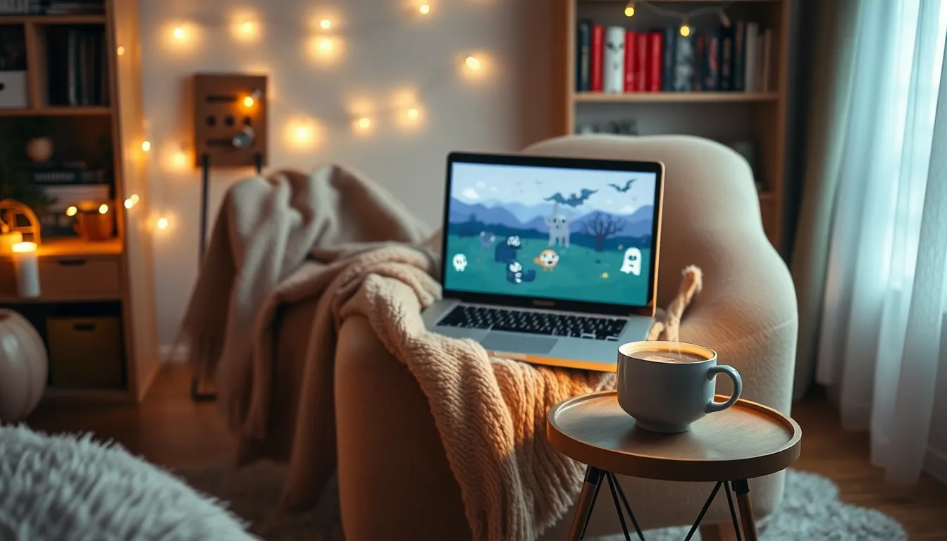 cozy gaming setup with horror game elements and a cup of cocoa.