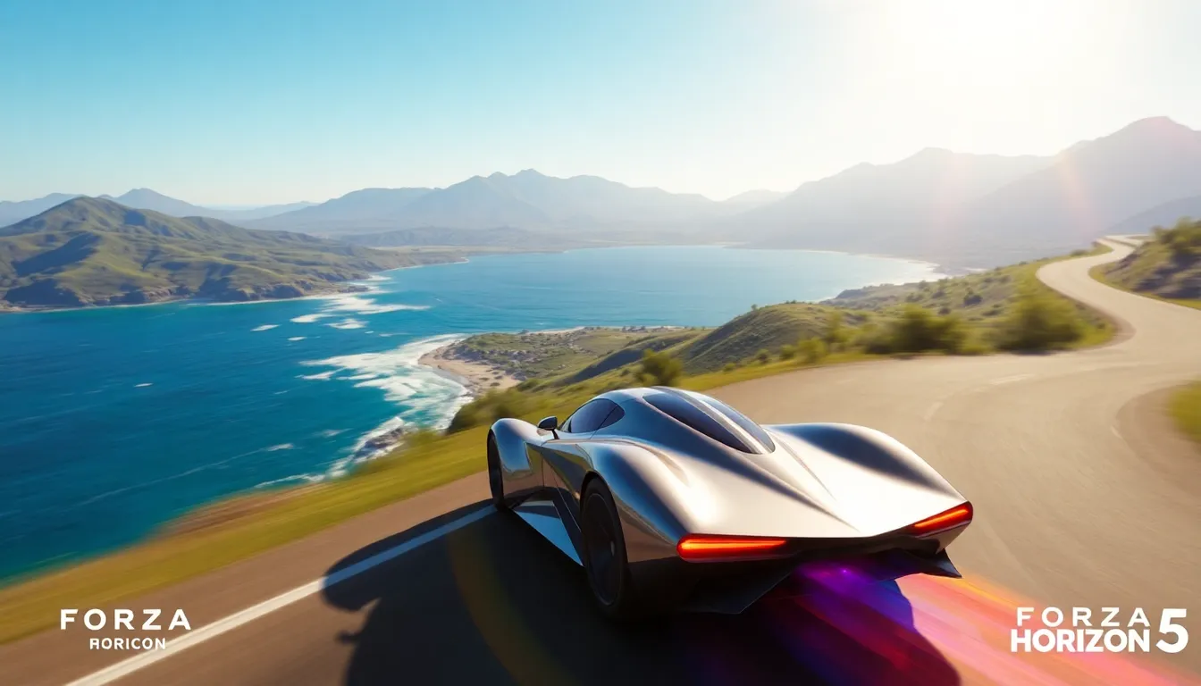 Fast car racing along a coastal road in Forza Horizon 5.