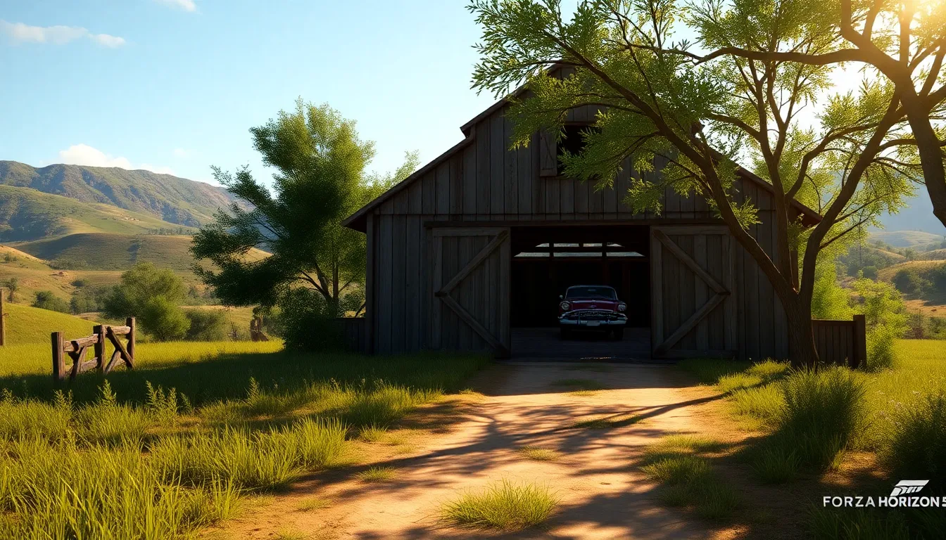 rustic barn with a vintage car in a beautiful Mexican landscape.